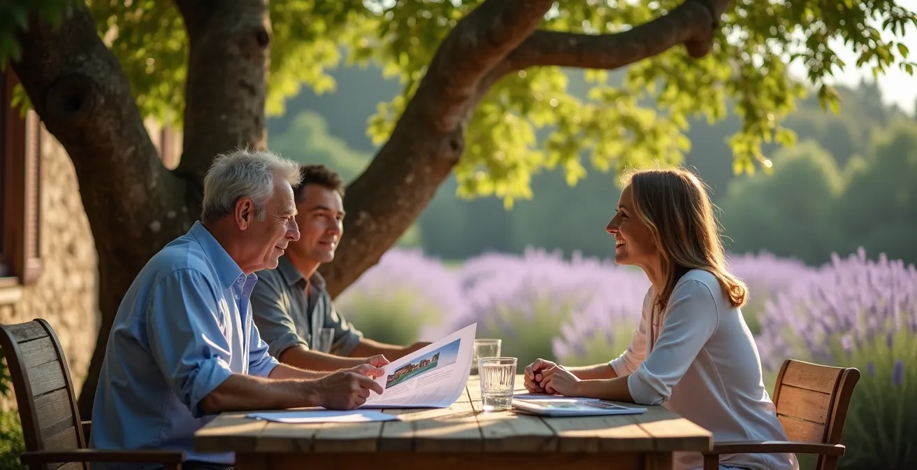 Agent immobilier local en réunion avec des clients dans le jardin d'un mas provençal, illustrant la connexion et la confiance.