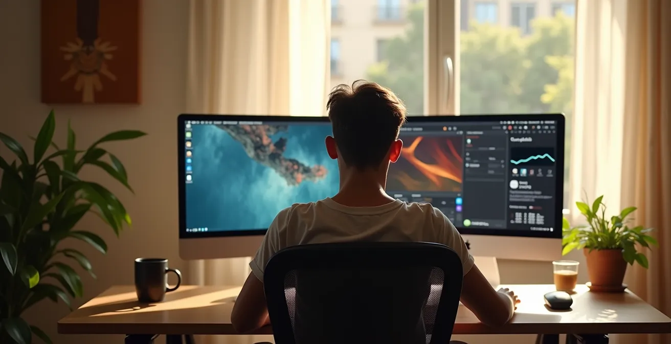 Espace bureau ergonomique dans un coliving avec double écran et vue méditerranéenne