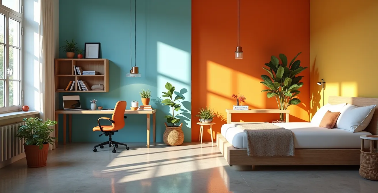 Studio modulable avec bureau ergonomique et espace détente vue mer