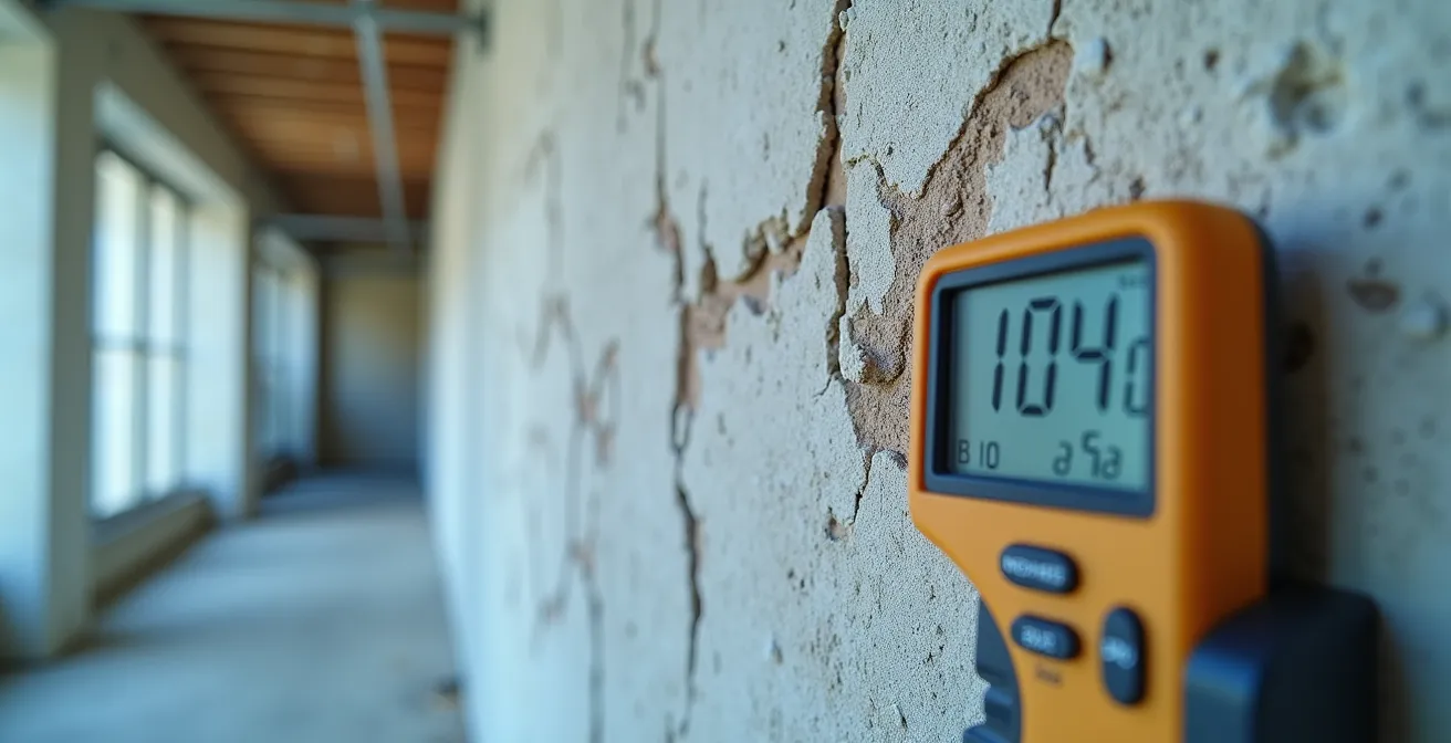 Vue macro détaillée d'une analyse d'humidité sur un mur avec instruments de mesure