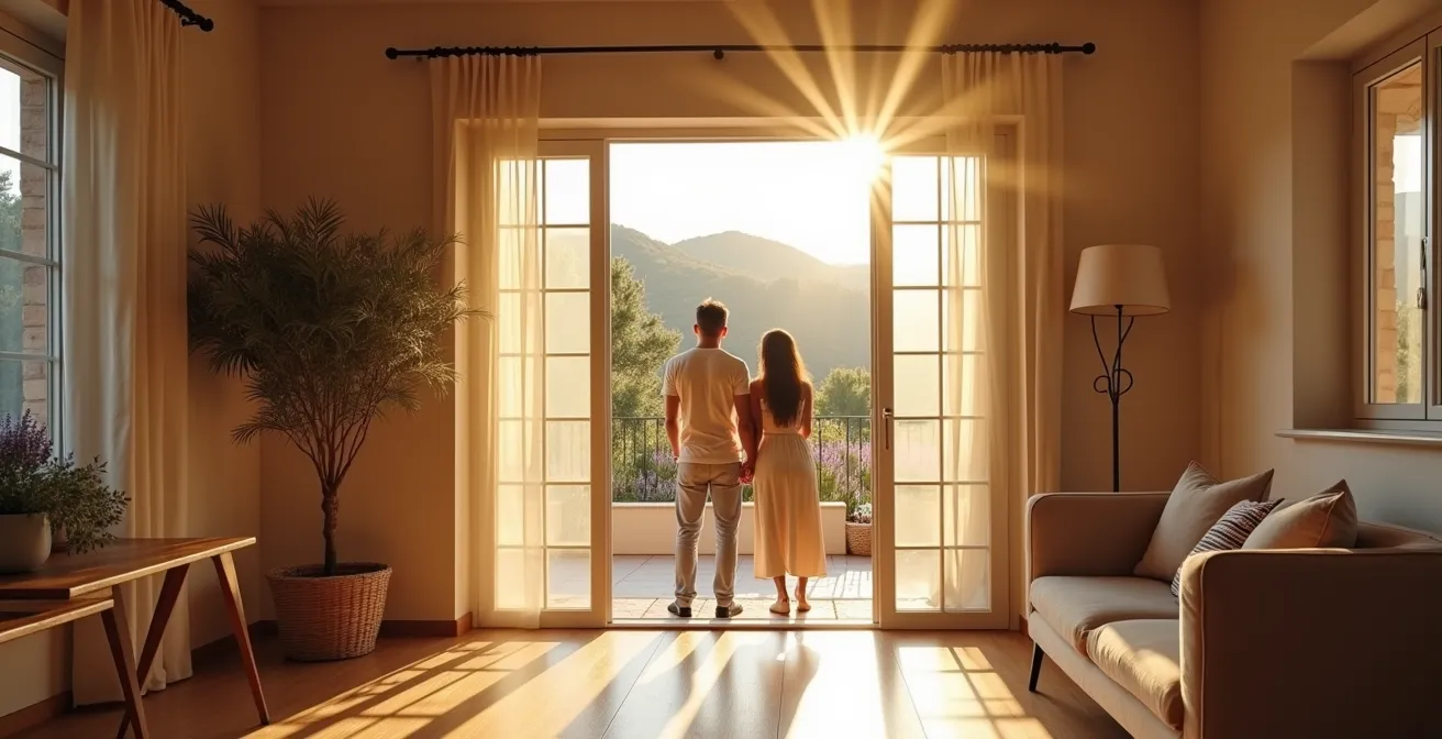 Vue intérieure d'un appartement traversant avec double orientation et terrasse méditerranéenne