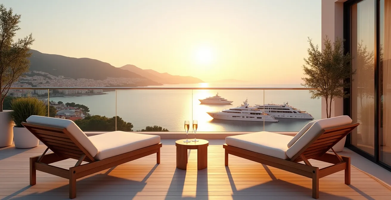 Vue panoramique depuis une terrasse d'appartement donnant sur la baie de Cannes au coucher du soleil