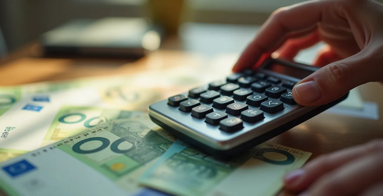 Main tenant une calculatrice avec billets euros flous en arrière-plan