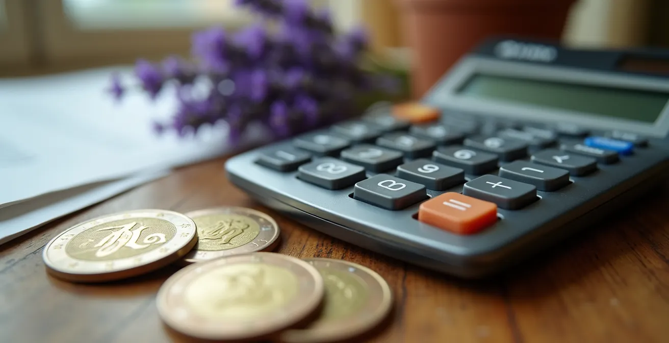 Calculatrice et documents financiers sur bureau avec architecture provençale en arrière-plan