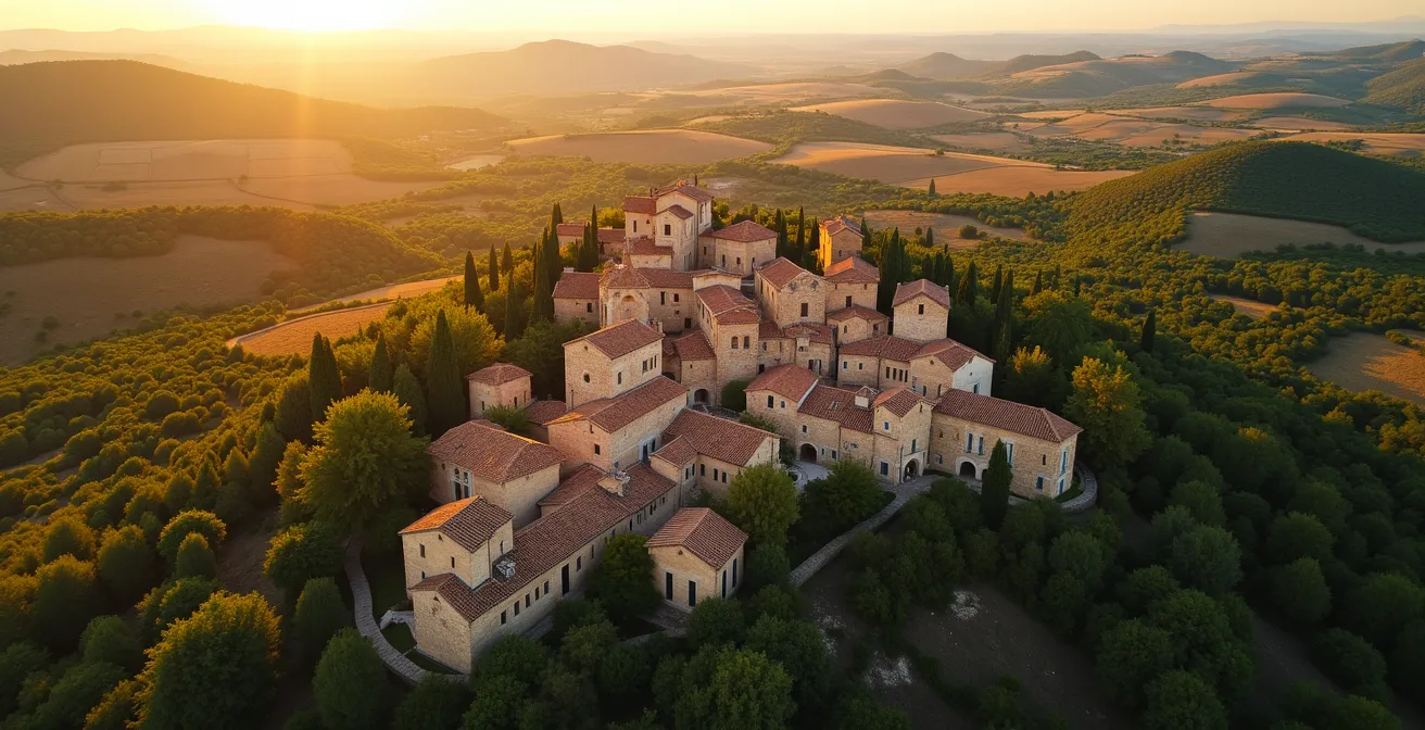 Vue aérienne stylisée montrant trois villages emblématiques des Alpilles reliés en triangle