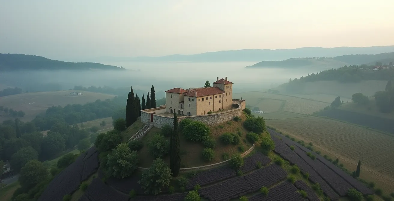 Vue aérienne minimaliste d'un château isolé dans le Luberon avec paysage environnant