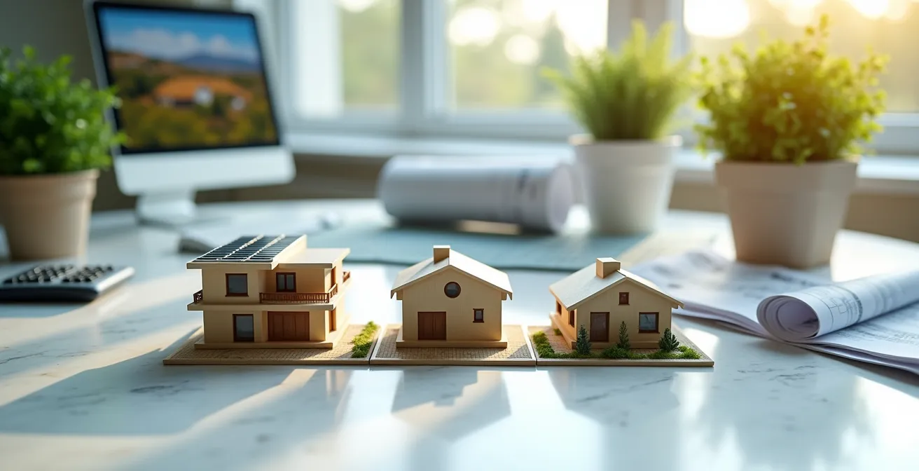 Composition visuelle montrant trois approches d'investissement immobilier durable avec graphiques et bâtiments écologiques