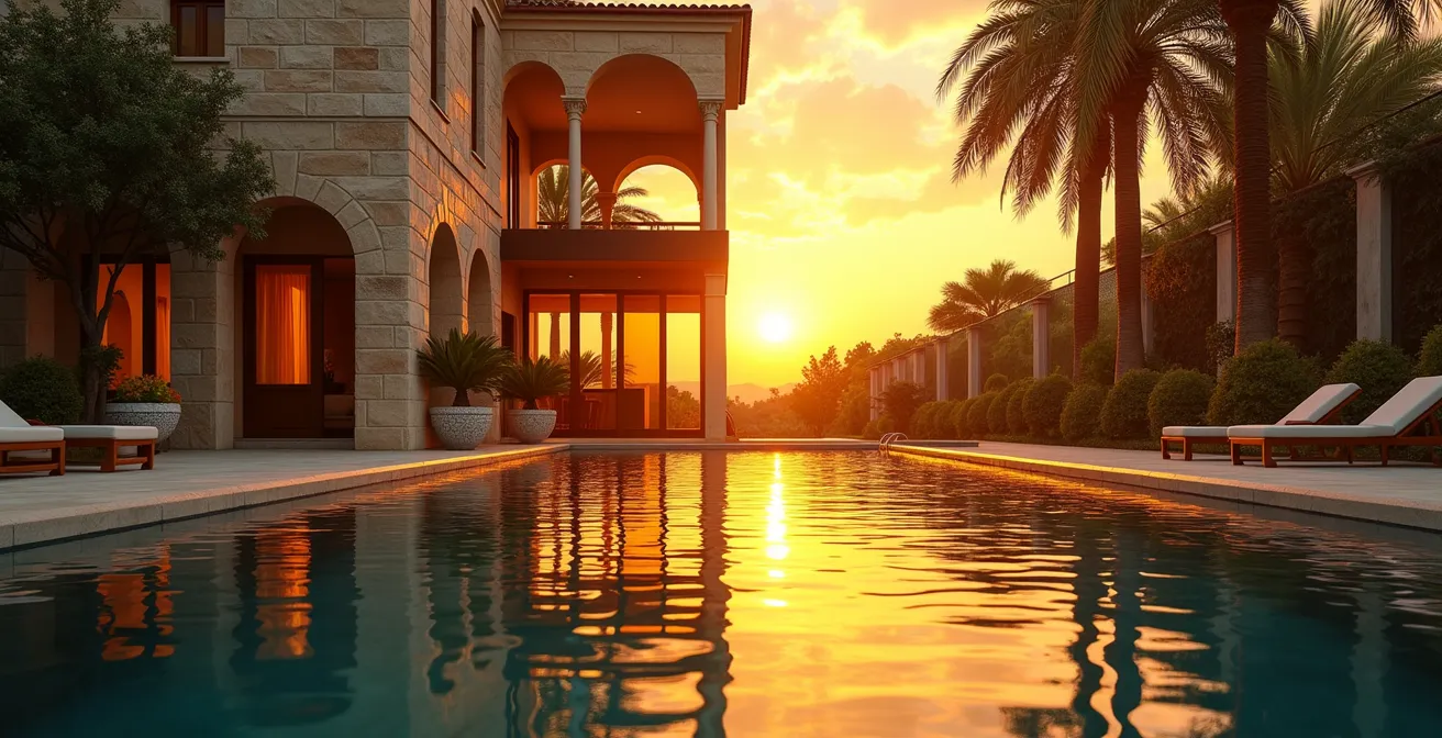 Composition artistique montrant une villa de Juan-les-Pins et des reflets dorés symbolisant l'investissement