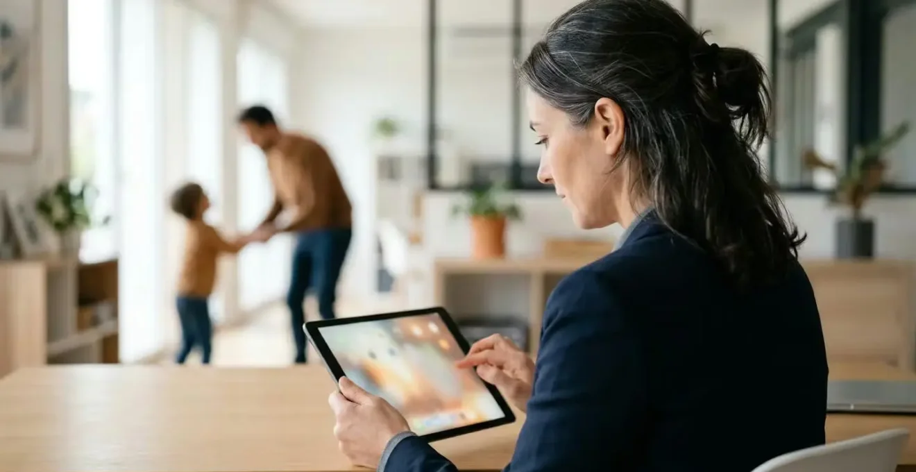 Conseillère consultant une tablette pour accompagner une famille dans leurs recherches EHPAD