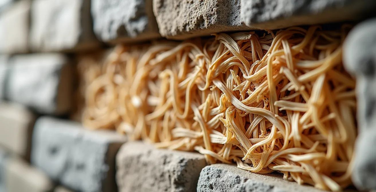 Coupe détaillée d'un mur en pierre avec isolation biosourcée en fibres naturelles