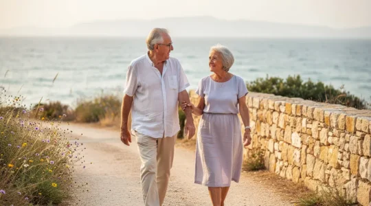 Couple de retraités européens marchant sur un chemin provençal avec vue mer