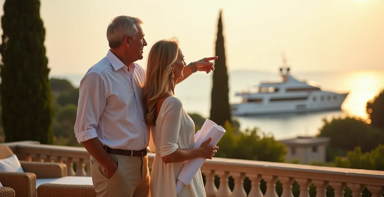 Couple de seniors sur la terrasse d'une villa méditerranéenne au coucher du soleil