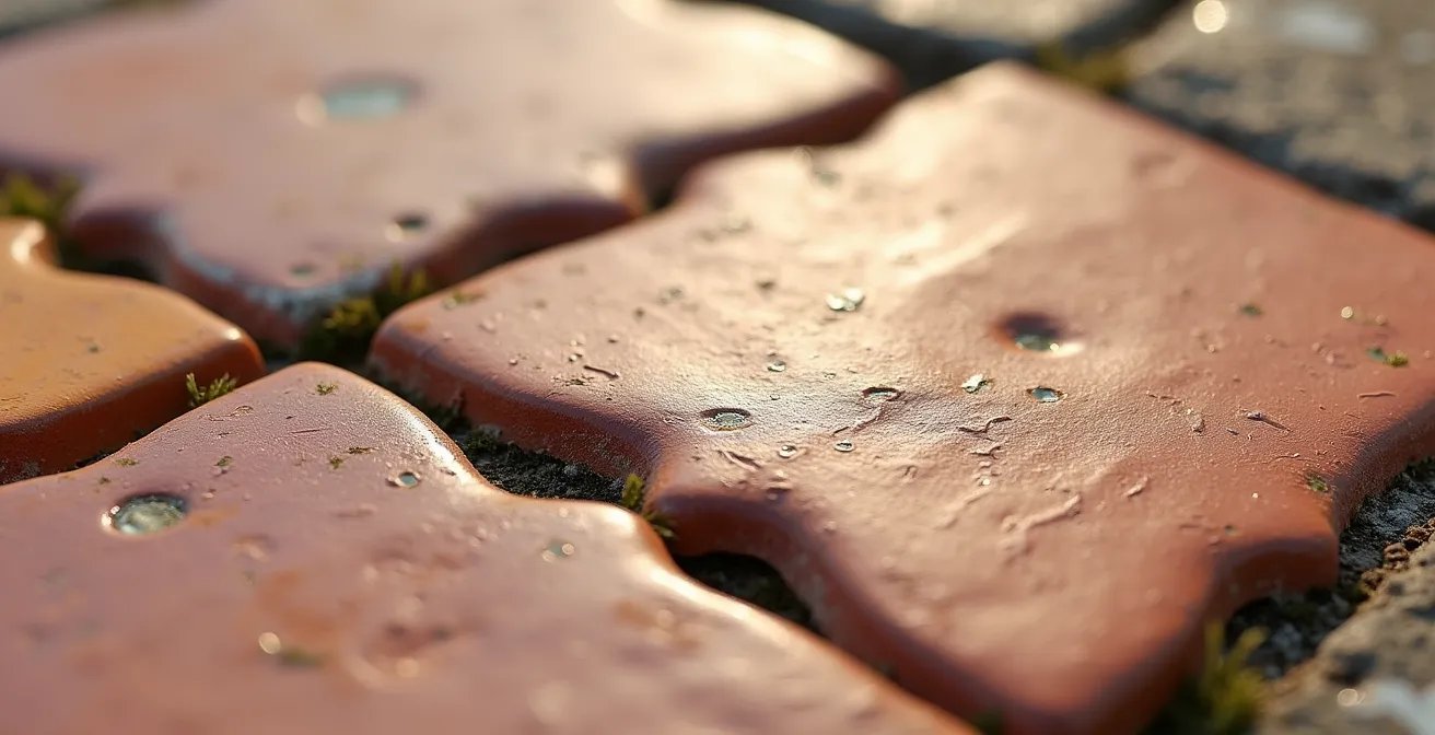 Détail macro de tuiles canal anciennes montrant la texture et les variations de couleur caractéristiques