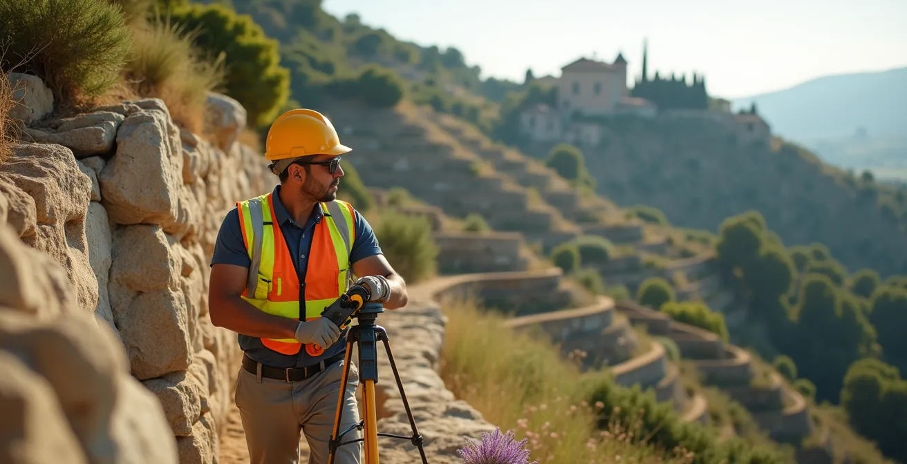 Technicien utilisant un détecteur de réseaux souterrains sur un terrain en pente avec restanques typiques de Provence