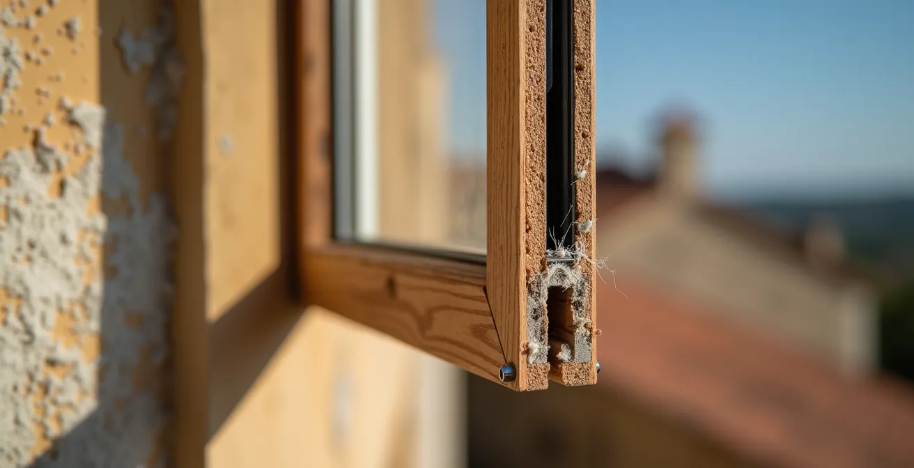 Fenêtres provençales en cours de remplacement avec outils et matériaux isolants