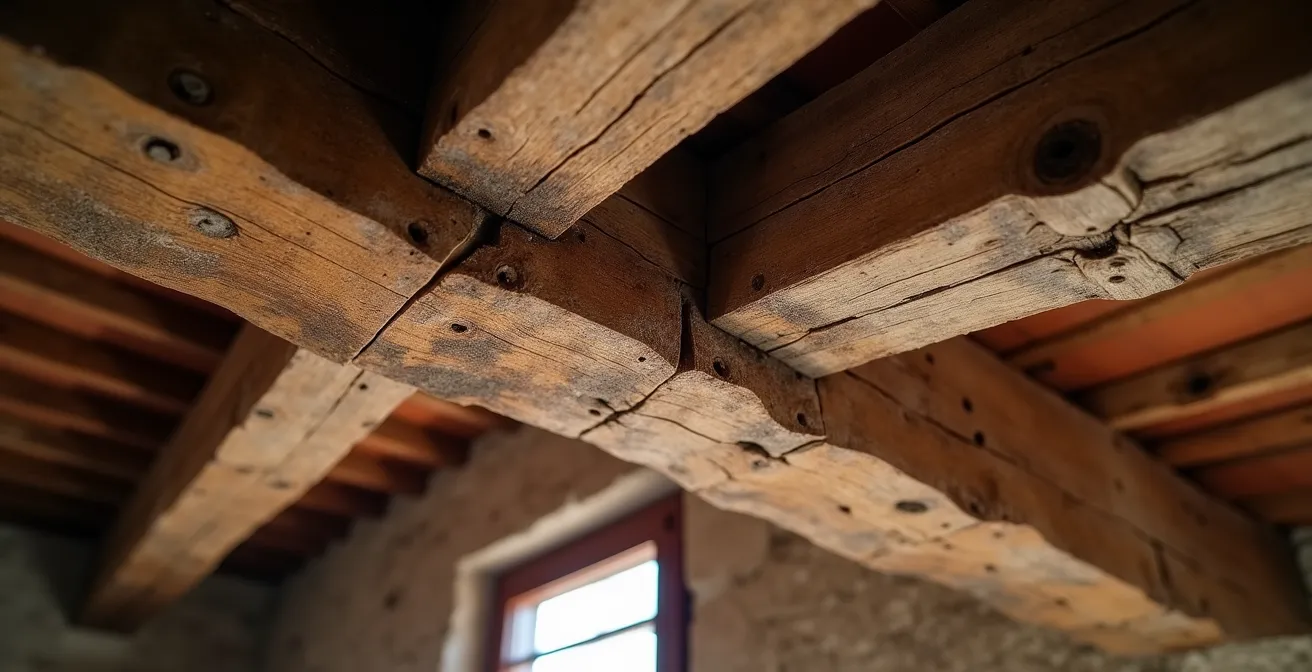 Inspection détaillée d'une charpente ancienne en bois dans une bastide provençale
