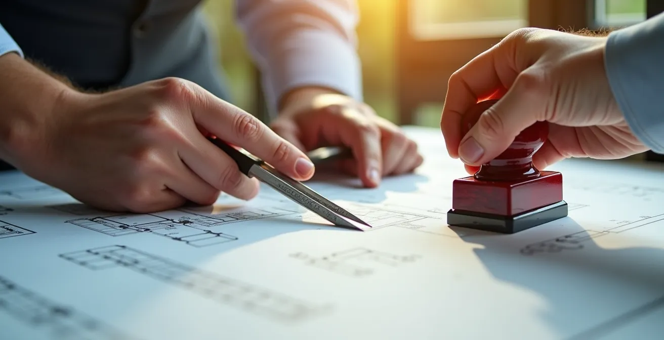 Plans d'architecte montrant la division officielle d'un grand appartement avec tampons et validations