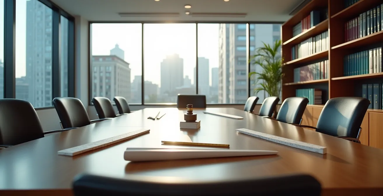 Espace de travail professionnel avec dossiers juridiques et outils d'expertise