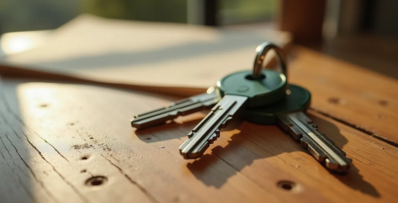 Clés de propriété posées sur un document avec cachet officiel, baignées de lumière naturelle méditerranéenne