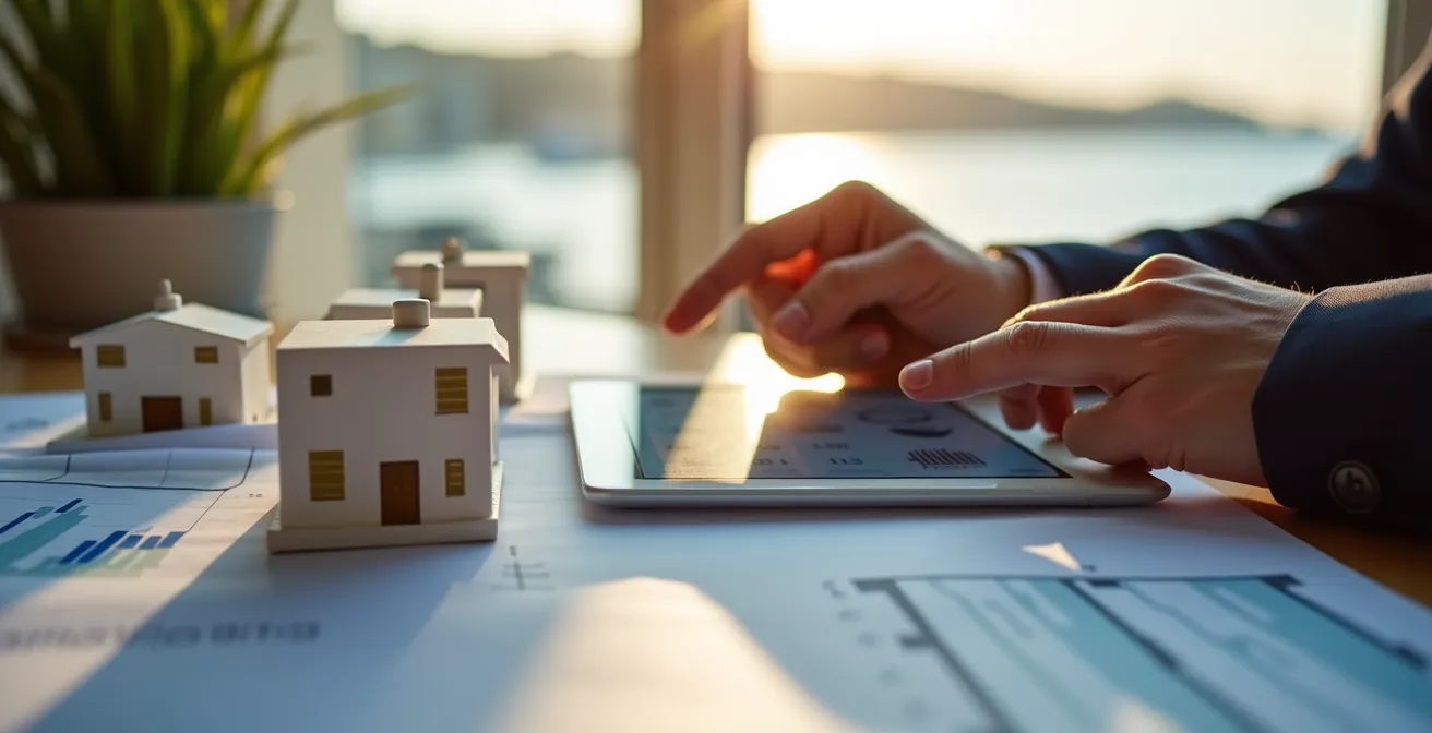 Expert immobilier analysant des graphiques de marché avec vue sur la baie de Cannes