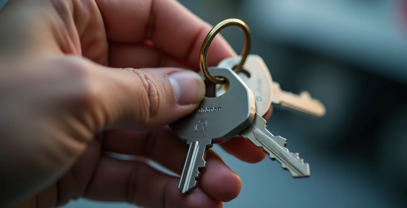 Gros plan sur une main tenant un trousseau de clés modernes avec serrure connectée