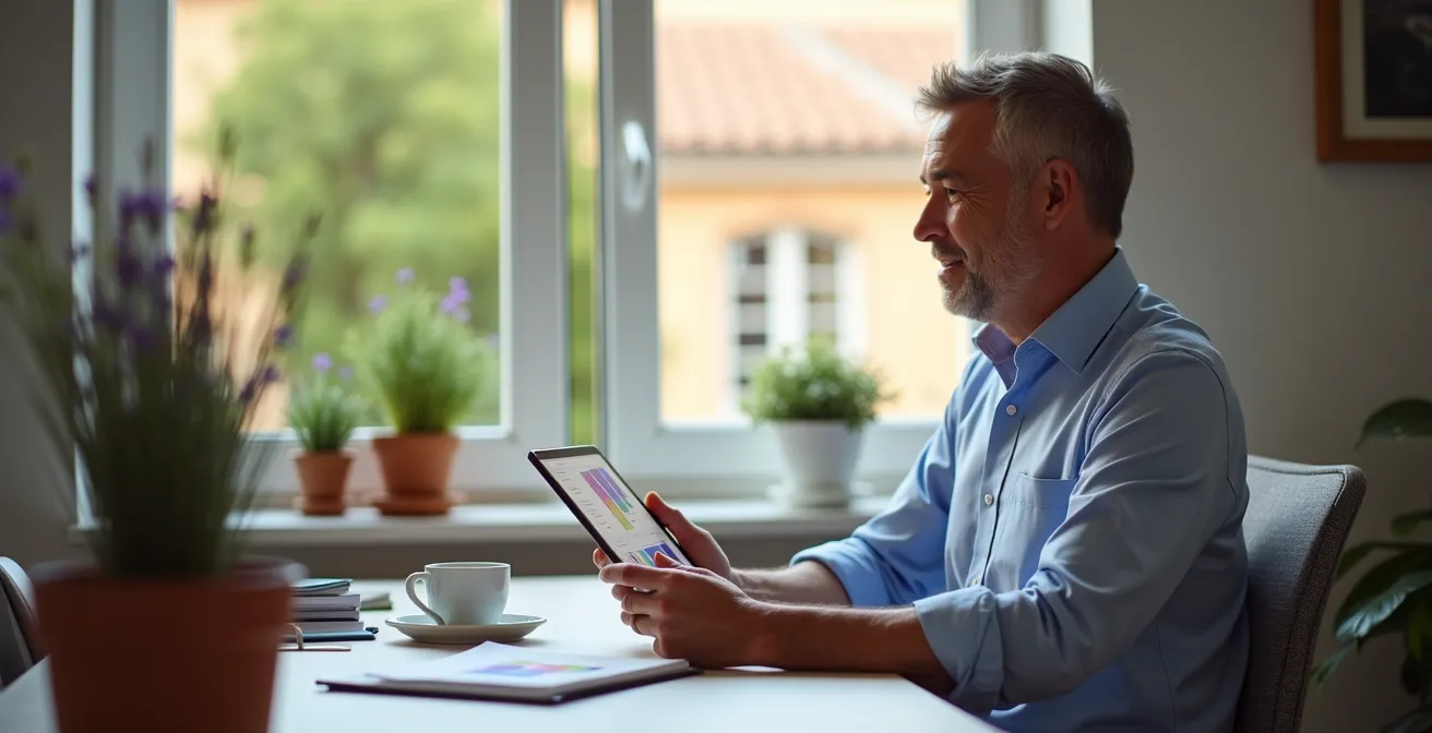 Propriétaire gérant ses biens locatifs à distance avec des outils numériques modernes