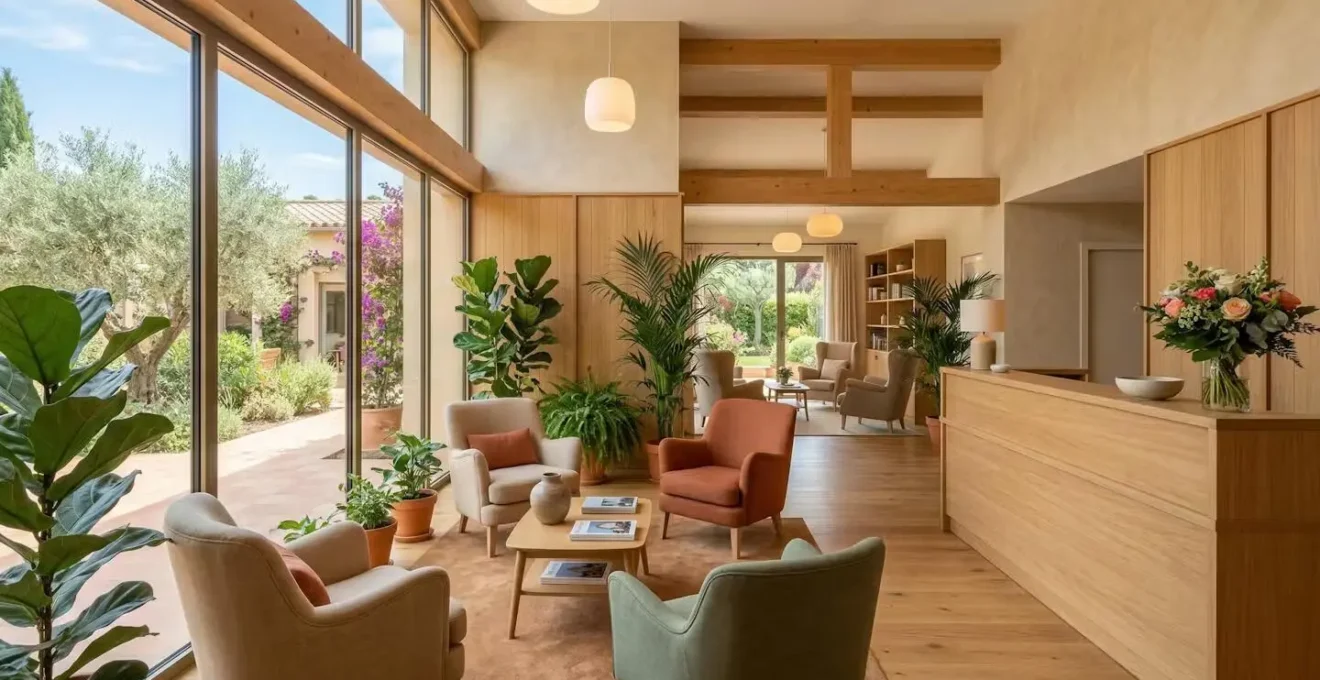 Hall d'accueil lumineux d'une résidence pour personnes âgées avec plantes vertes