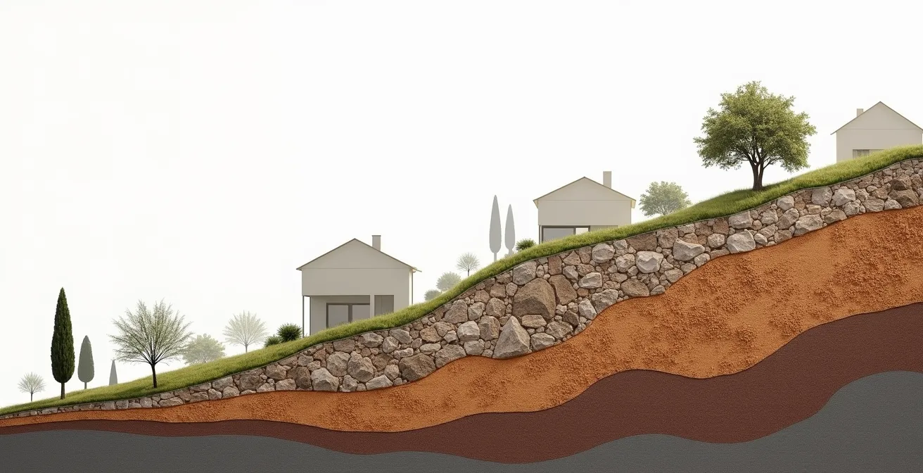 Vue en coupe d'un terrain en pente avec différentes options d'implantation de maison et zones rocheuses identifiées
