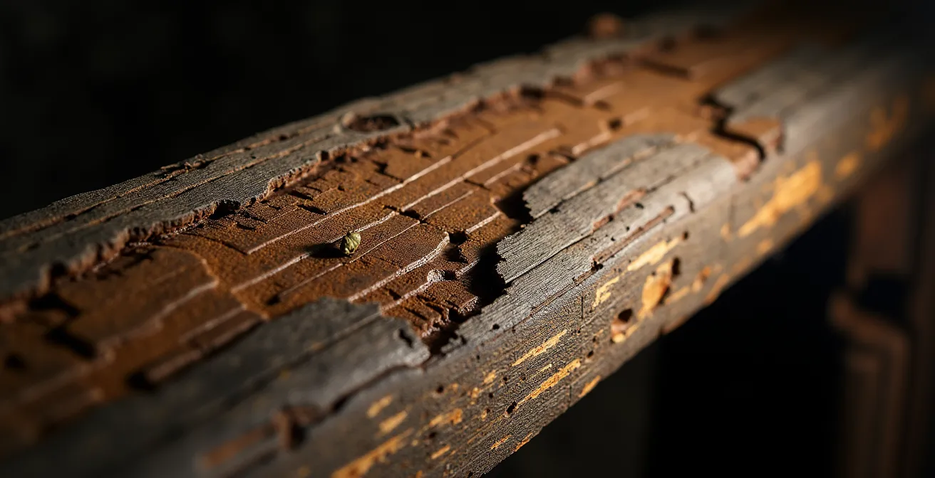 Expert inspectant des poutres en bois dans une cave humide avec lampe torche
