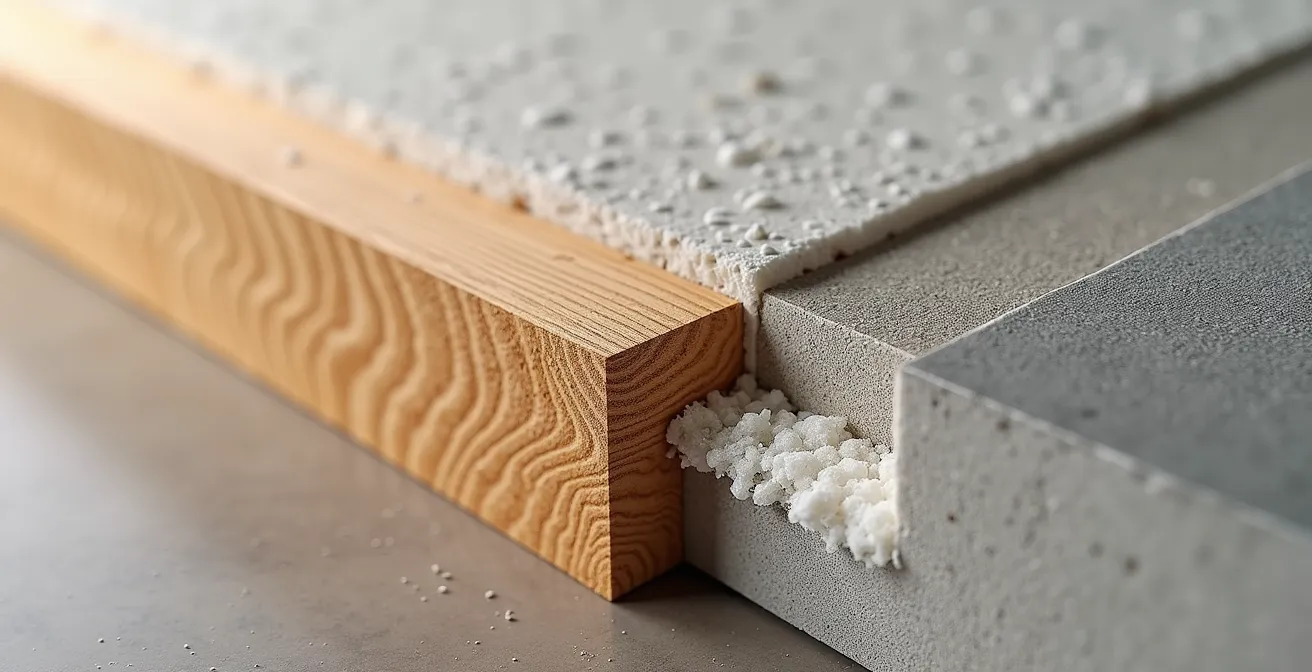 Coupe architecturale montrant les couches d'isolation acoustique d'un mur en CLT et béton bas carbone