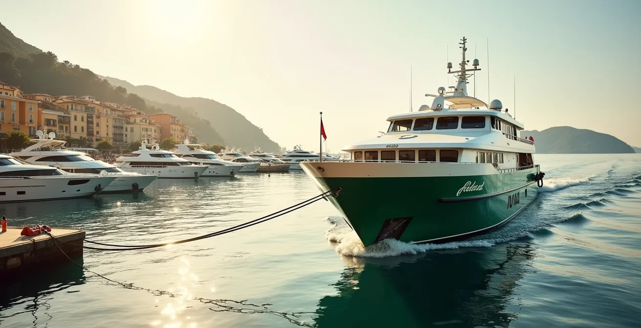 Vue du port de Sainte-Maxime avec le bateau vert en arrière-plan et les collines verdoyantes