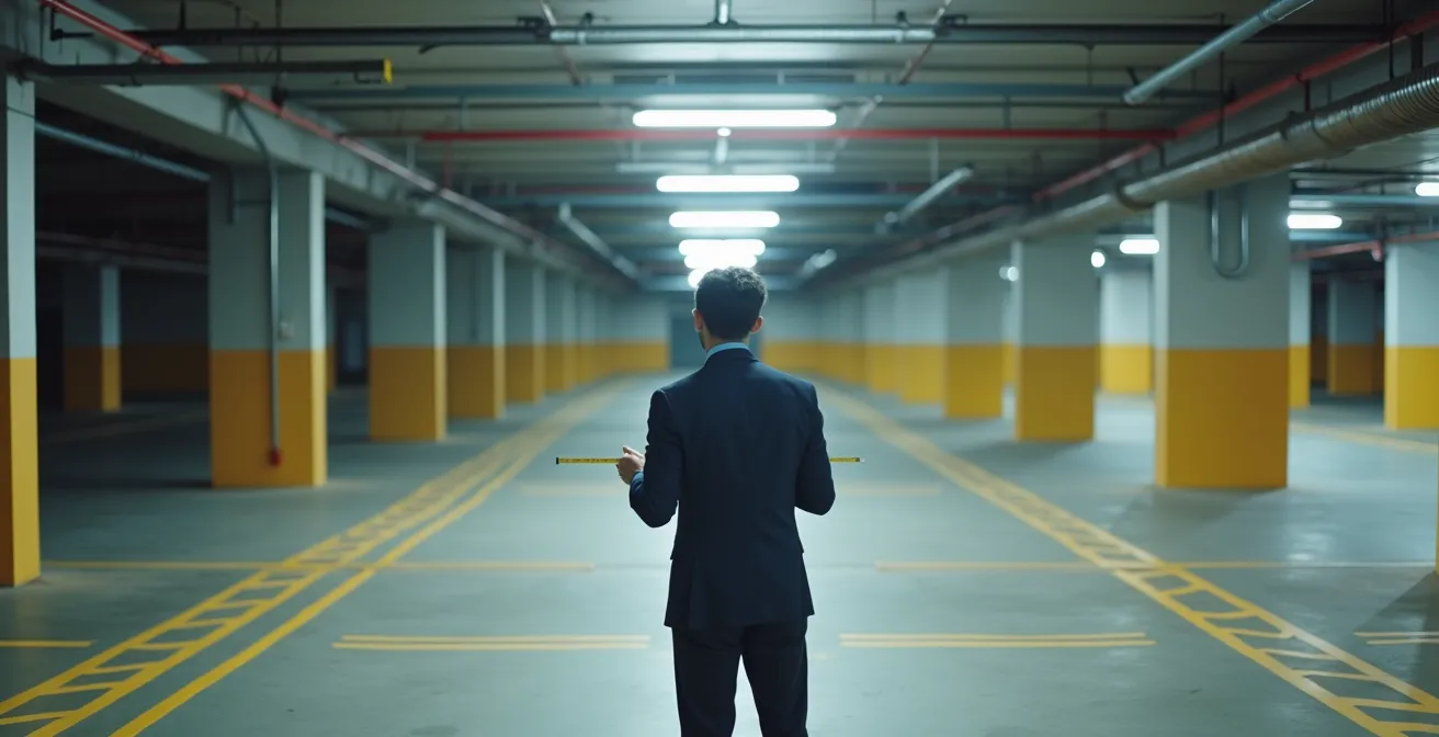 Vue aérienne d'un parking souterrain avec marquage au sol pour division en lots