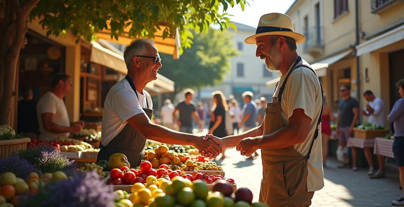Ambiance animée du marché hebdomadaire de Fontvieille avec stands de produits locaux sous les platanes