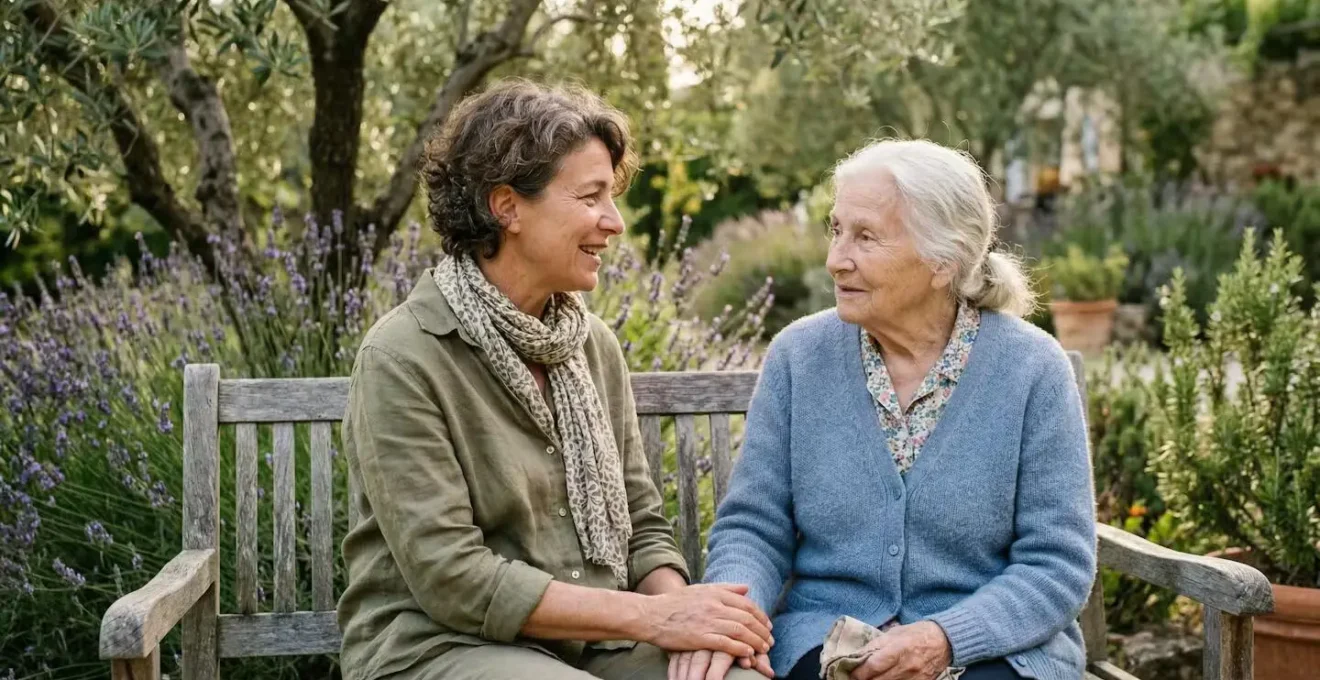 Femme accompagnant sa mère âgée dans un jardin méditerranéen fleuri sur la Côte d'Azur