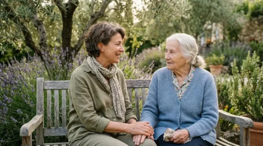Femme accompagnant sa mère âgée dans un jardin méditerranéen fleuri sur la Côte d'Azur