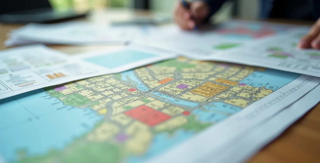 Vue macro de documents d'urbanisme et plans cadastraux sur table de négociation