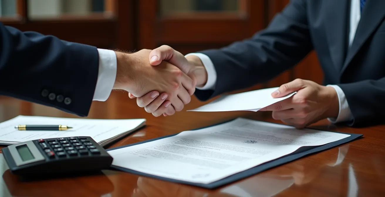 Mains échangeant des documents officiels dans un bureau de notaire avec calculatrice