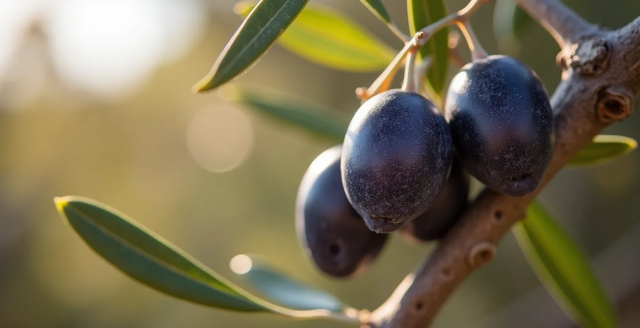 Gros plan sur des olives mûres dans une oliveraie AOP avec les Alpilles en arrière-plan flou