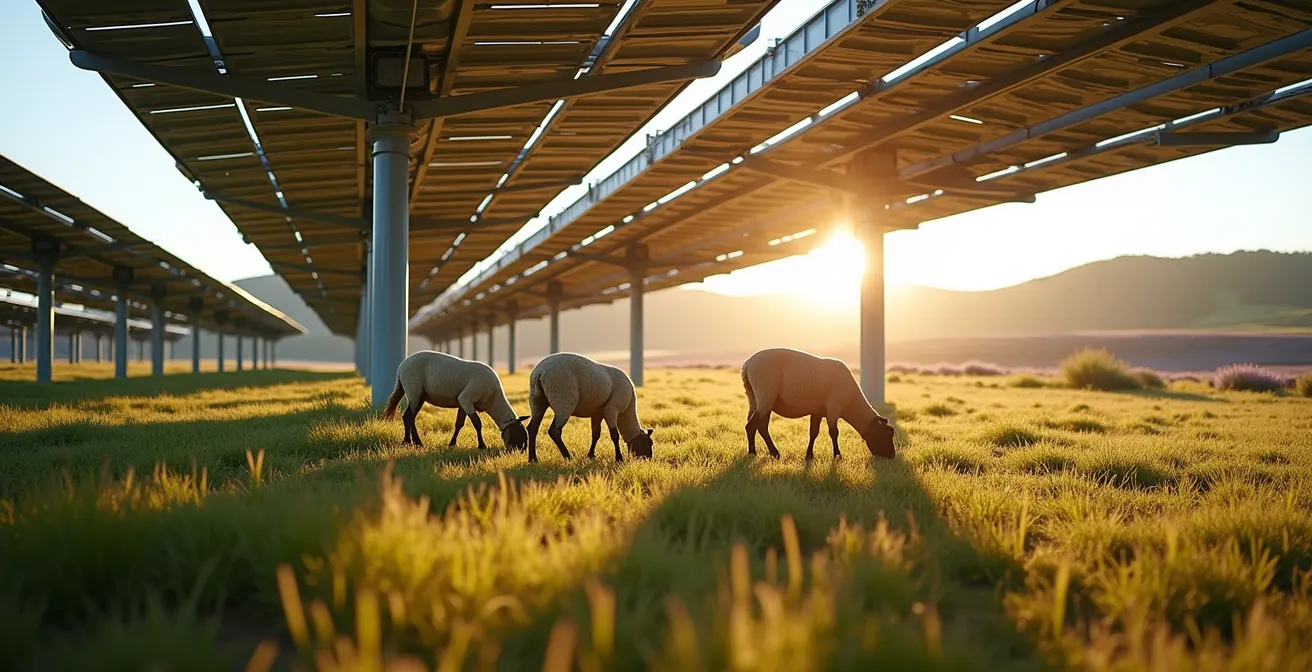 Installation agrivoltaïque sur terrain agricole avec moutons pâturant sous les panneaux