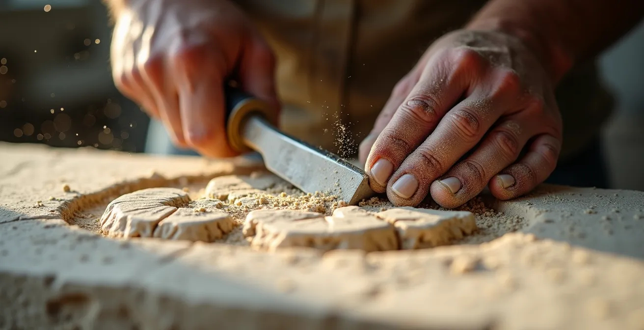 Gros plan sur les mains d'un artisan tailleur de pierre travaillant le calcaire coquillier de Fontvieille