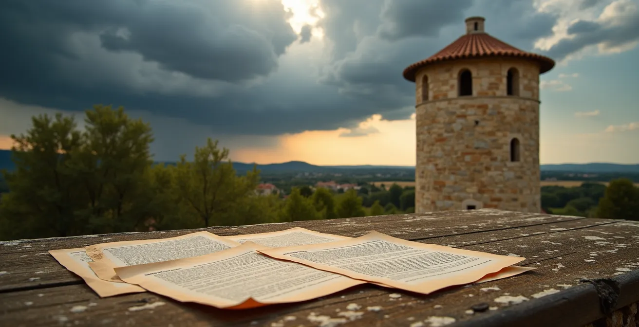Pigeonnier traditionnel provençal en pierre dorée avec sa toiture en tuiles canal anciennes sous un ciel méditerranéen