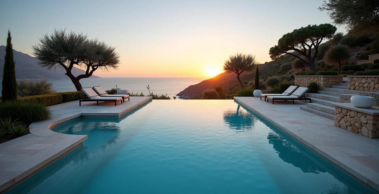 Comparaison visuelle entre piscine à débordement et couloir de nage dans jardin méditerranéen