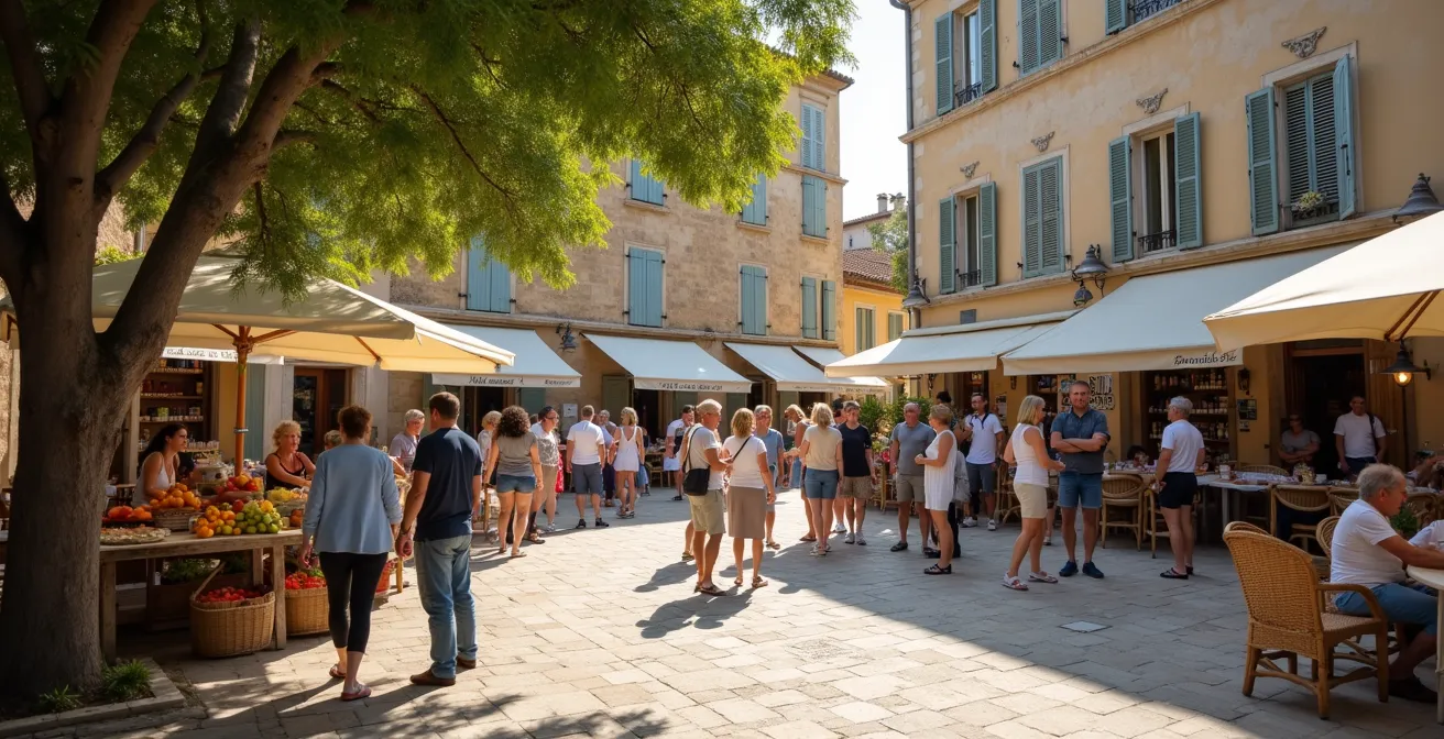 Place de village animée au Paradou avec habitants et commerces traditionnels