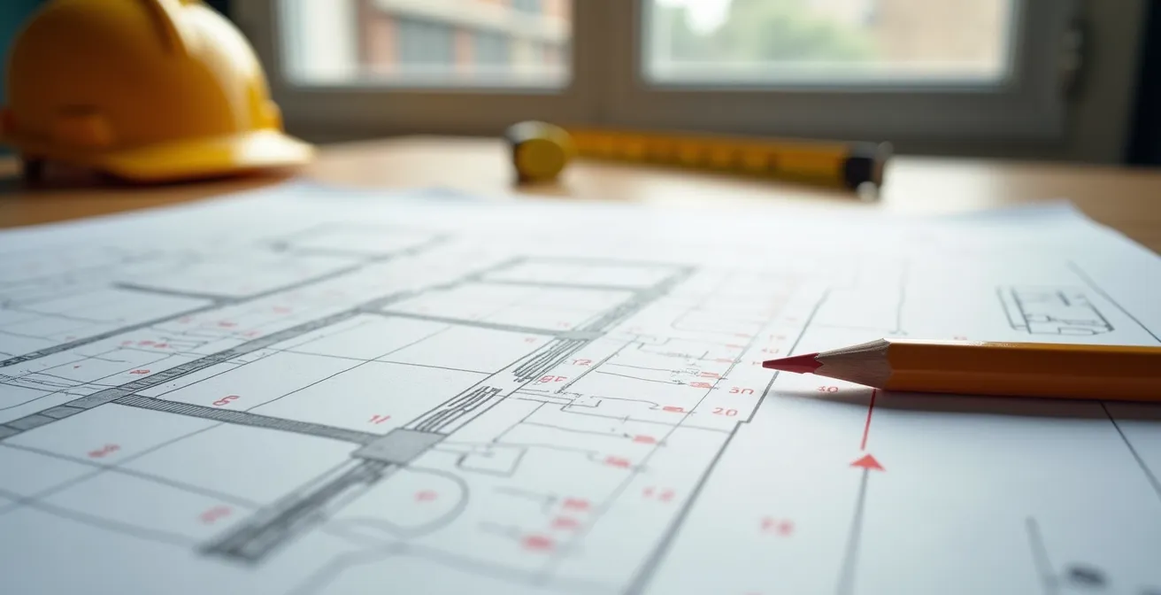 Plan d'architecte avec modifications de cloisons marquées en rouge sur un appartement neuf