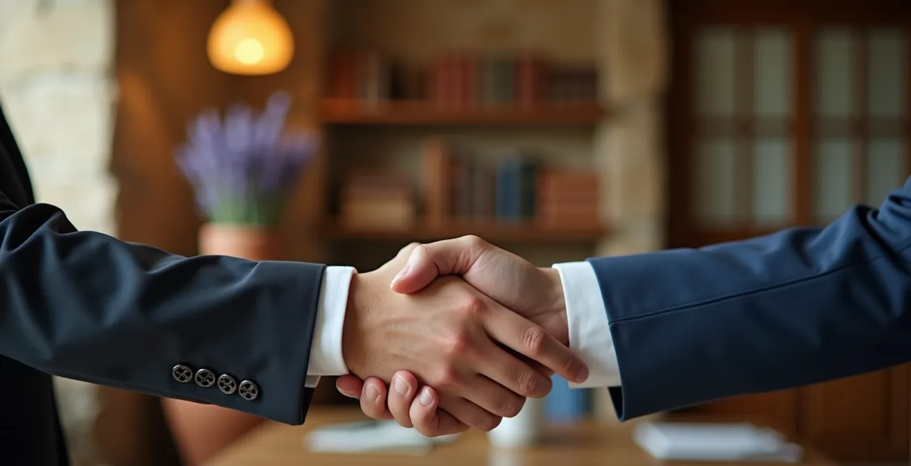 Poignée de main entre expert immobilier et notaire dans un bureau provençal