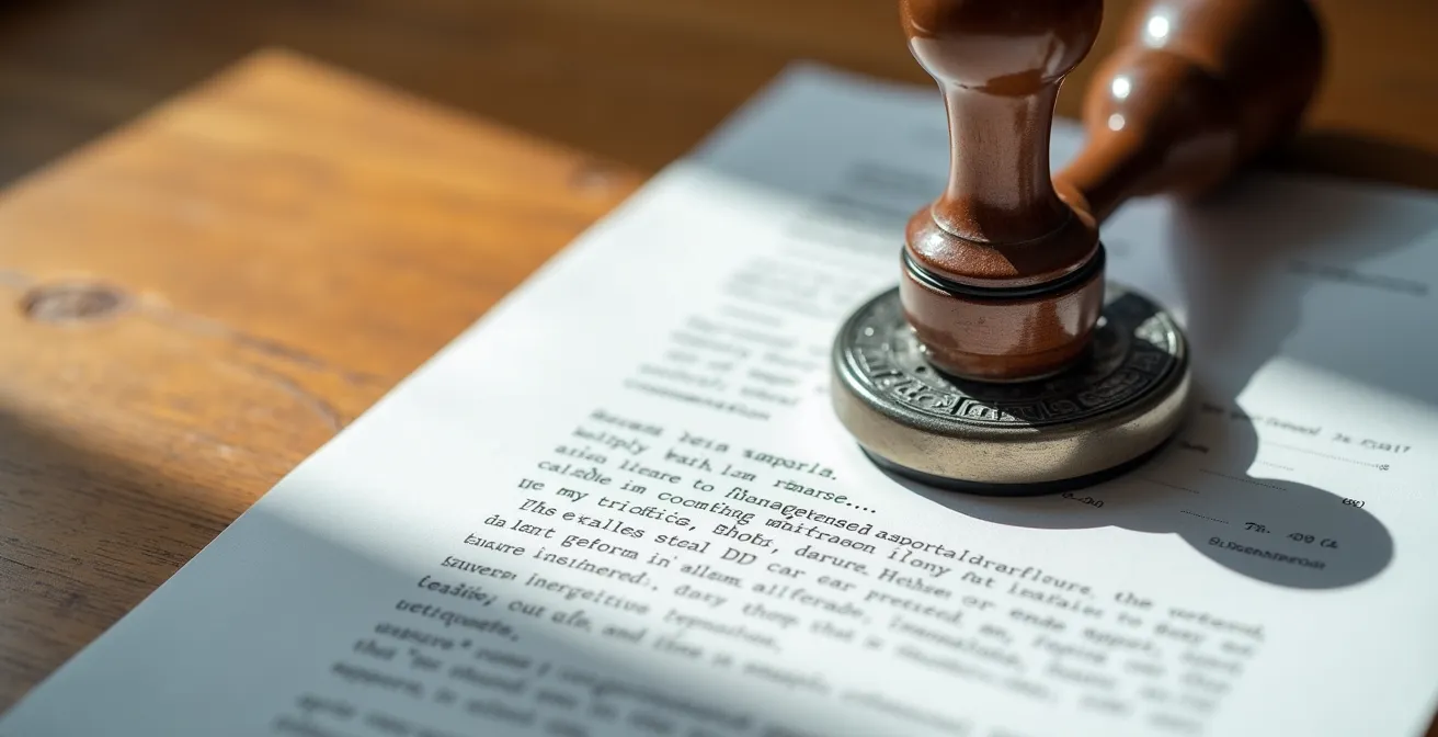 Bureau avec documents administratifs et tampon officiel sur table en bois
