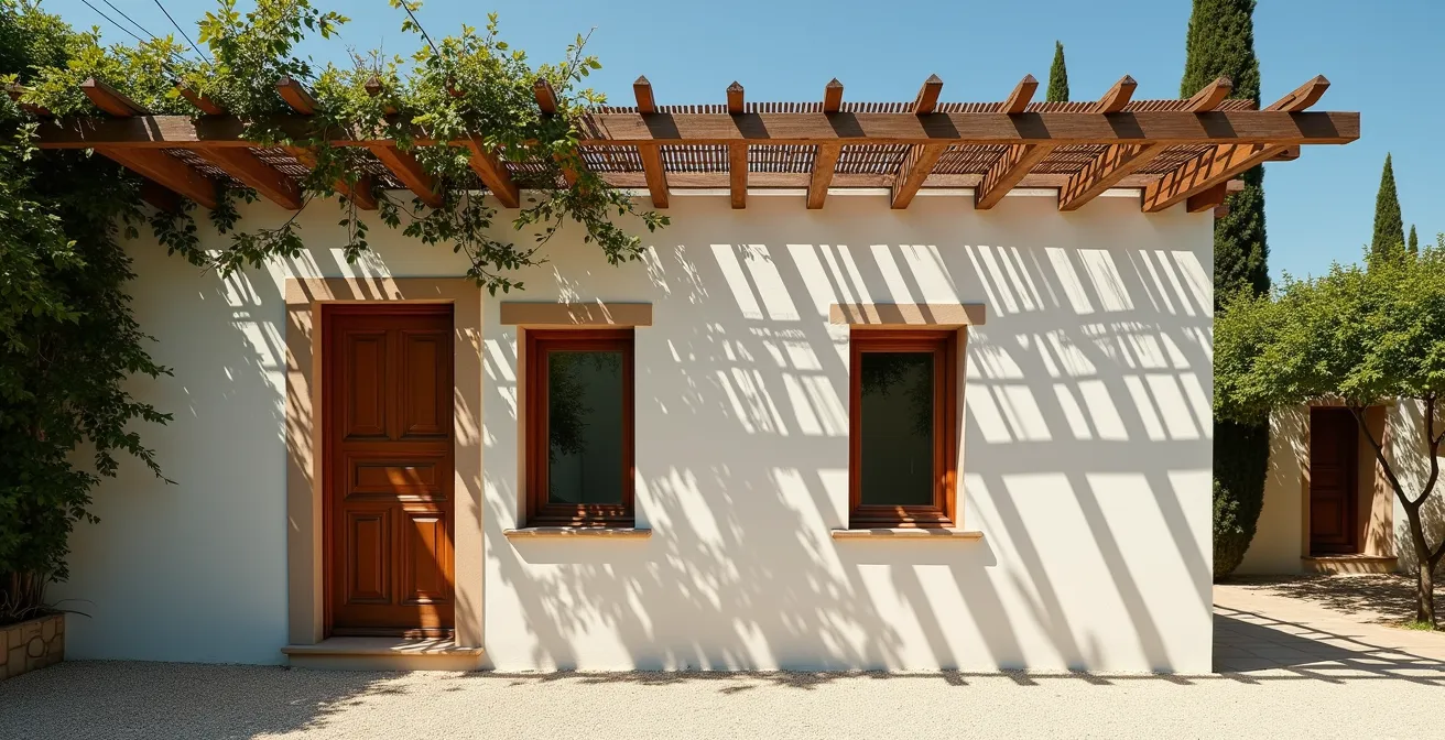 Façade sud d'une maison méditerranéenne avec pergola et brise-soleil naturels