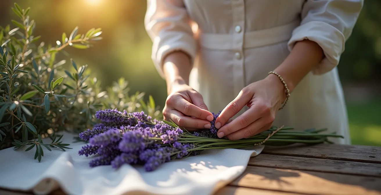 Tables dressées pour une réception dans le jardin d'un mas provençal
