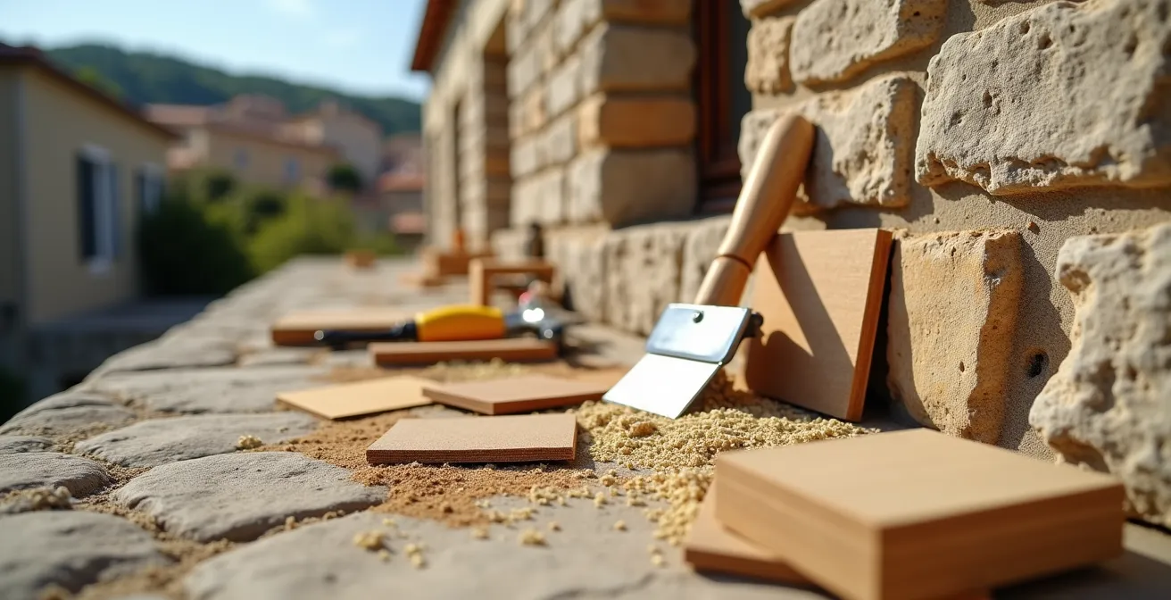 Vue détaillée d'une façade provençale en cours de rénovation énergétique avec échafaudages et matériaux écologiques