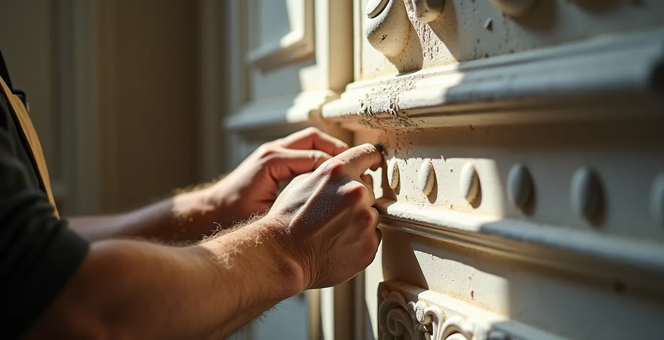 Artisan spécialisé travaillant sur la restauration de plafonds à la française